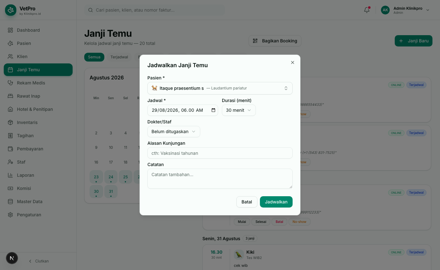 Form jadwal dengan pencarian pasien