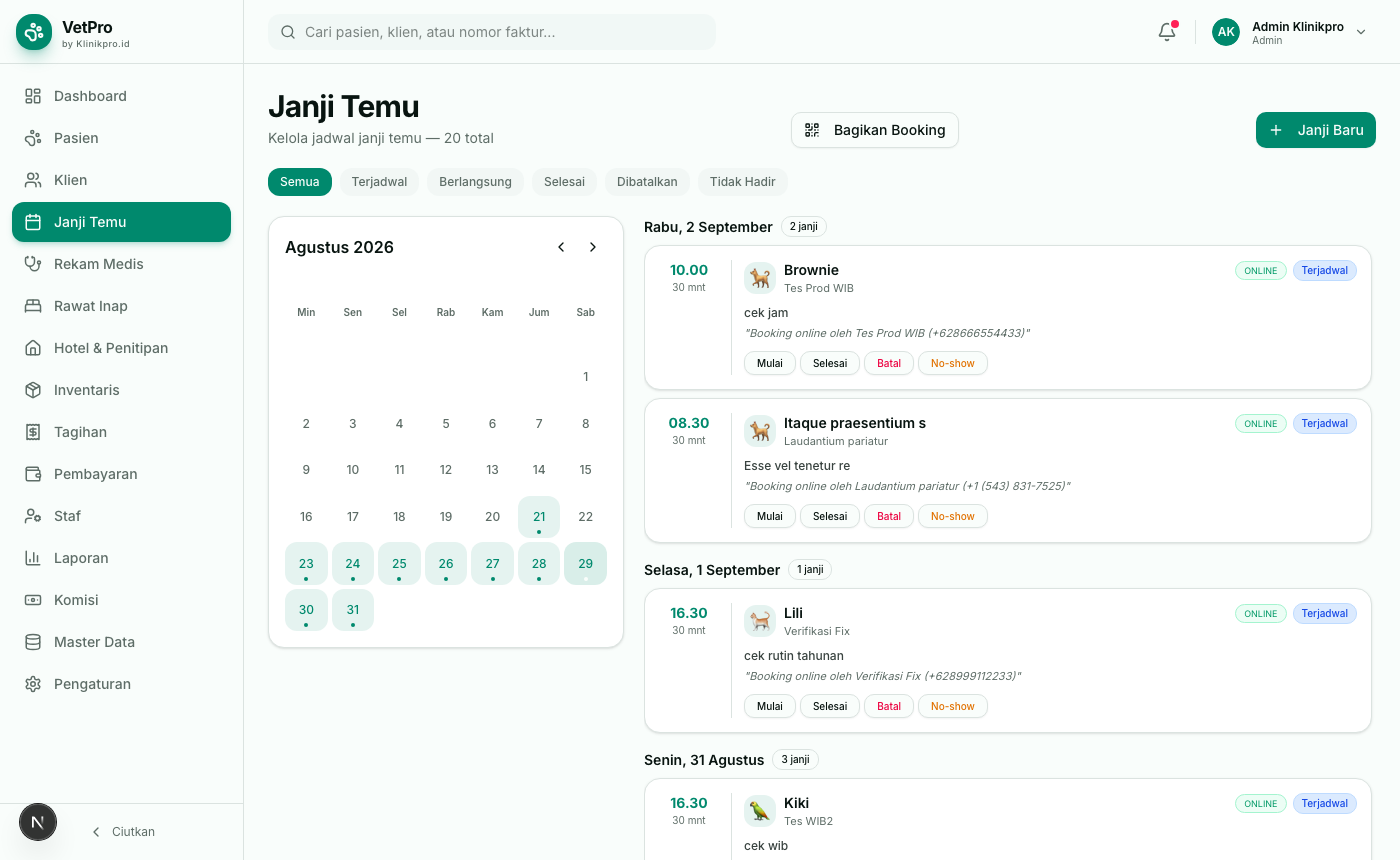 Kalender + daftar janji (klik tanggal untuk filter)