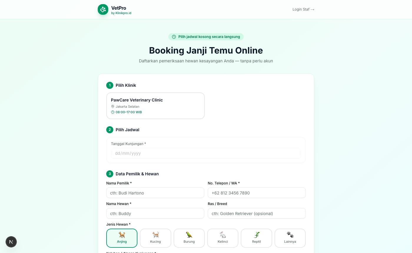 Halaman booking publik — pilih tanggal, jam kosong tersedia