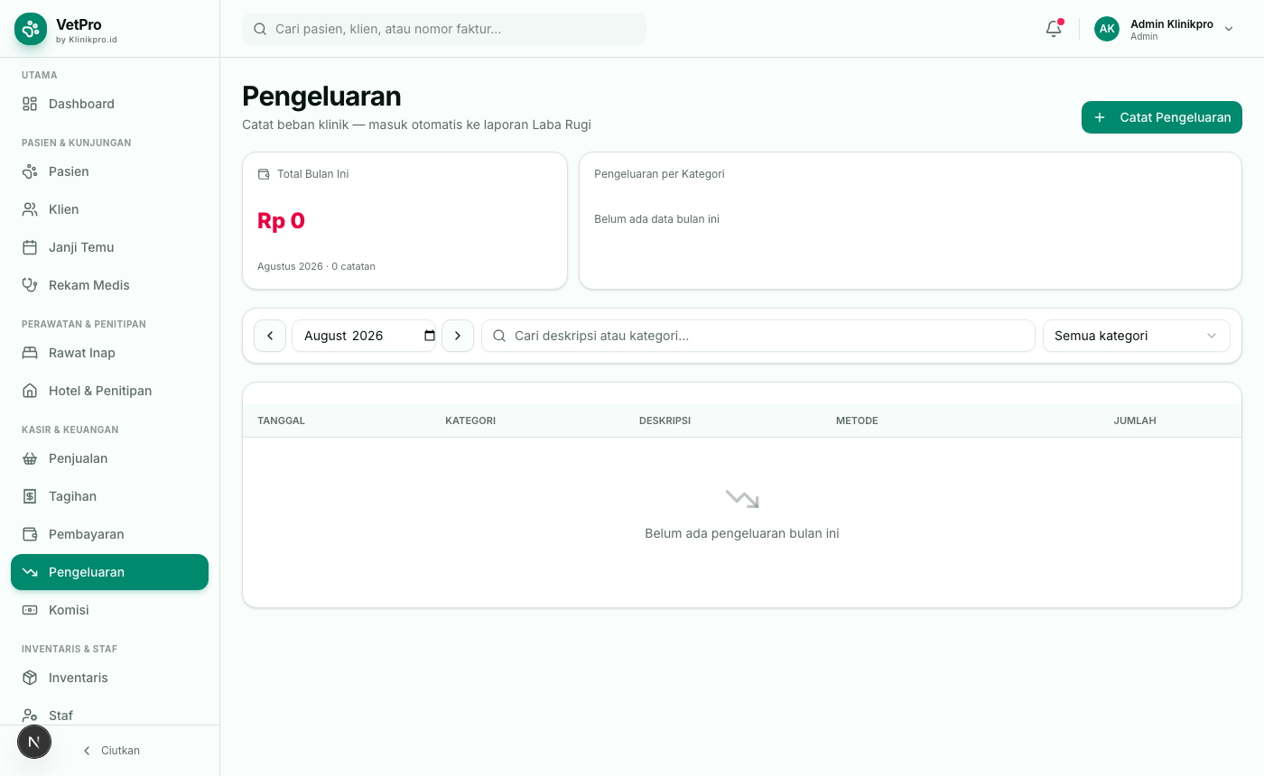Menu Pengeluaran — ringkasan, filter, dan tabel catatan