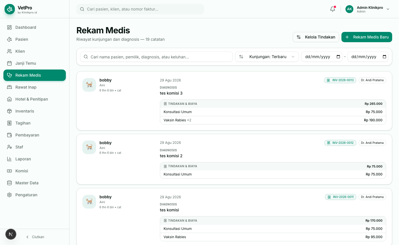 Riwayat rekam medis dengan toolbar cari, urut & filter tanggal