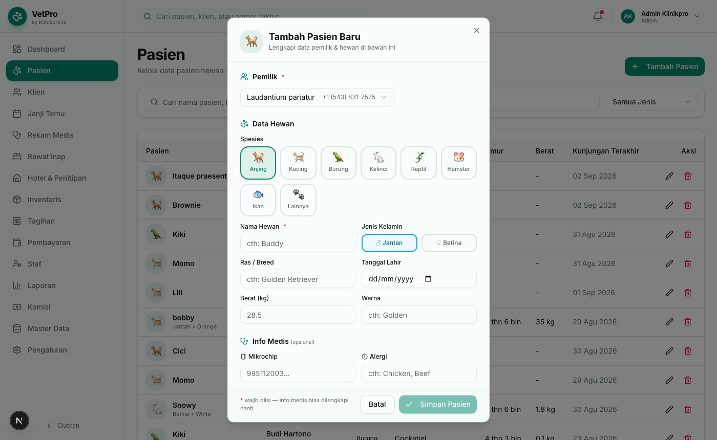Form Tambah Pasien — kartu jenis hewan & pembilik baru sekali klik