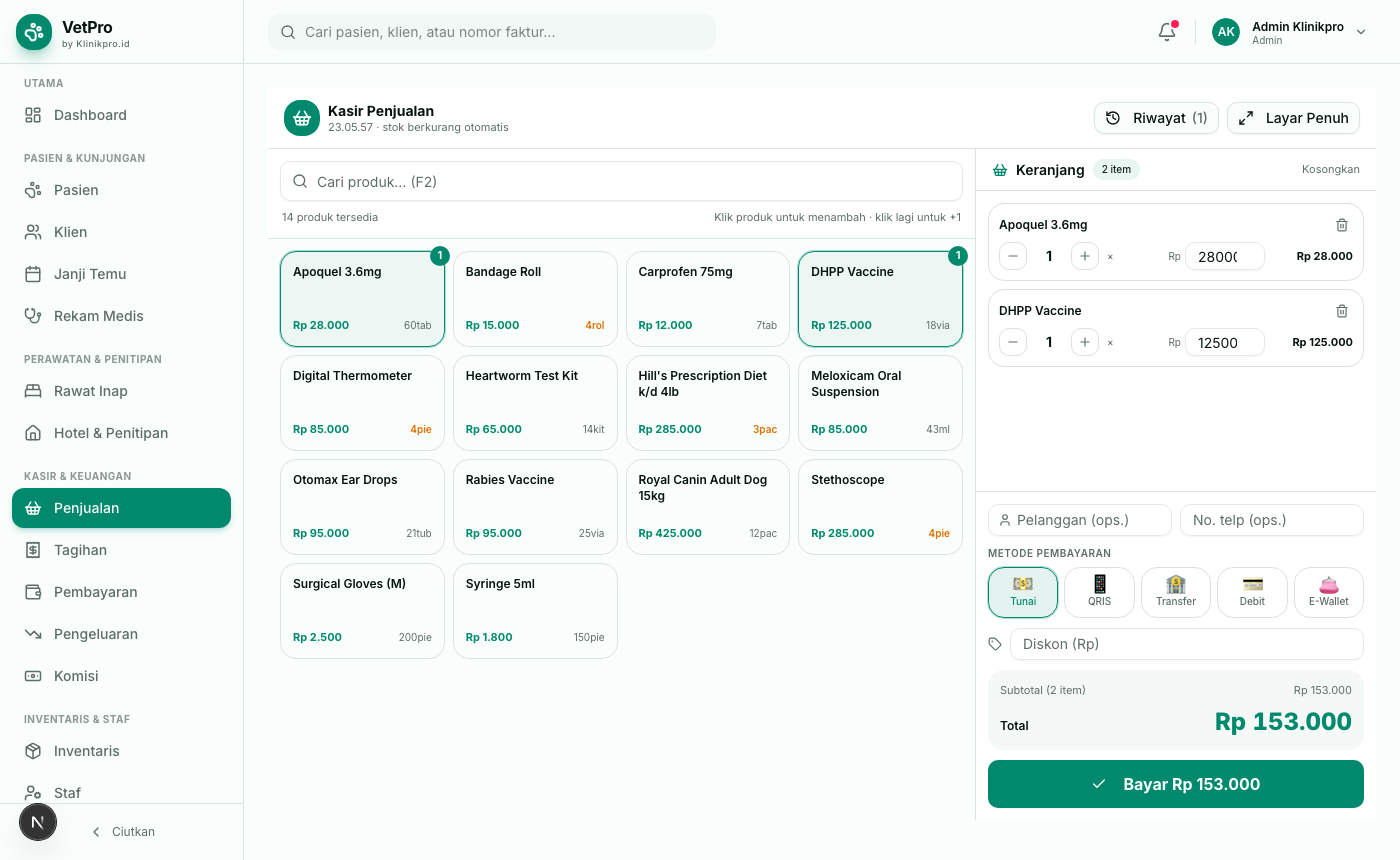 Kasir penjualan — grid produk + keranjang + pembayaran